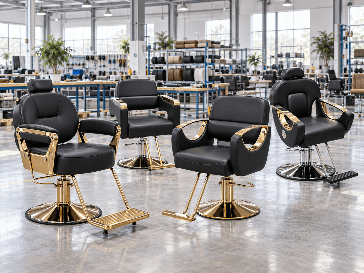 Four NaShi BZ barber chair models displayed in an OEM salon furniture workshop