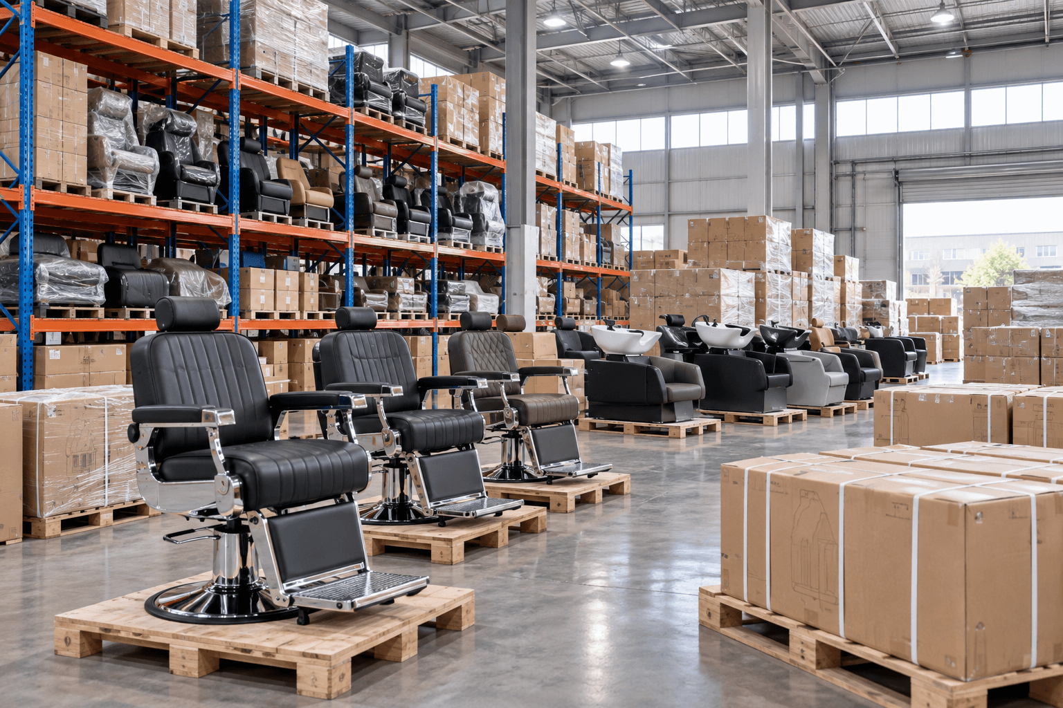 Mixed salon furniture models and export cartons prepared for one-stop procurement