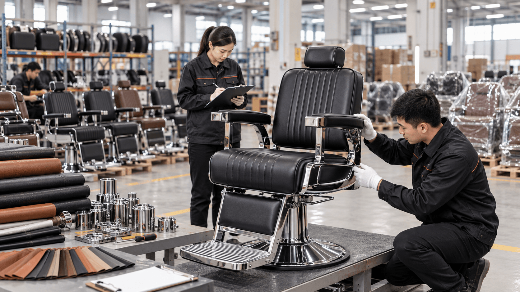 Barber chair quality inspection in a professional salon furniture factory